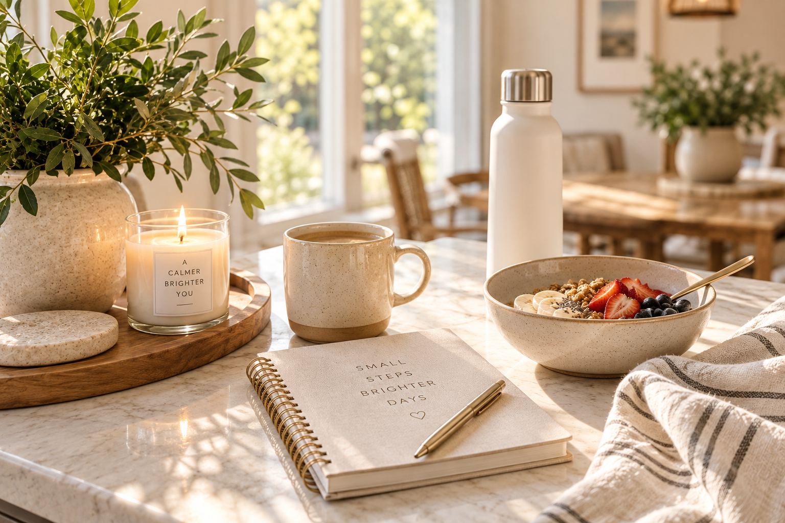 Peaceful morning routine with coffee, journal, healthy breakfast and candle for a simple 10-minute morning reset