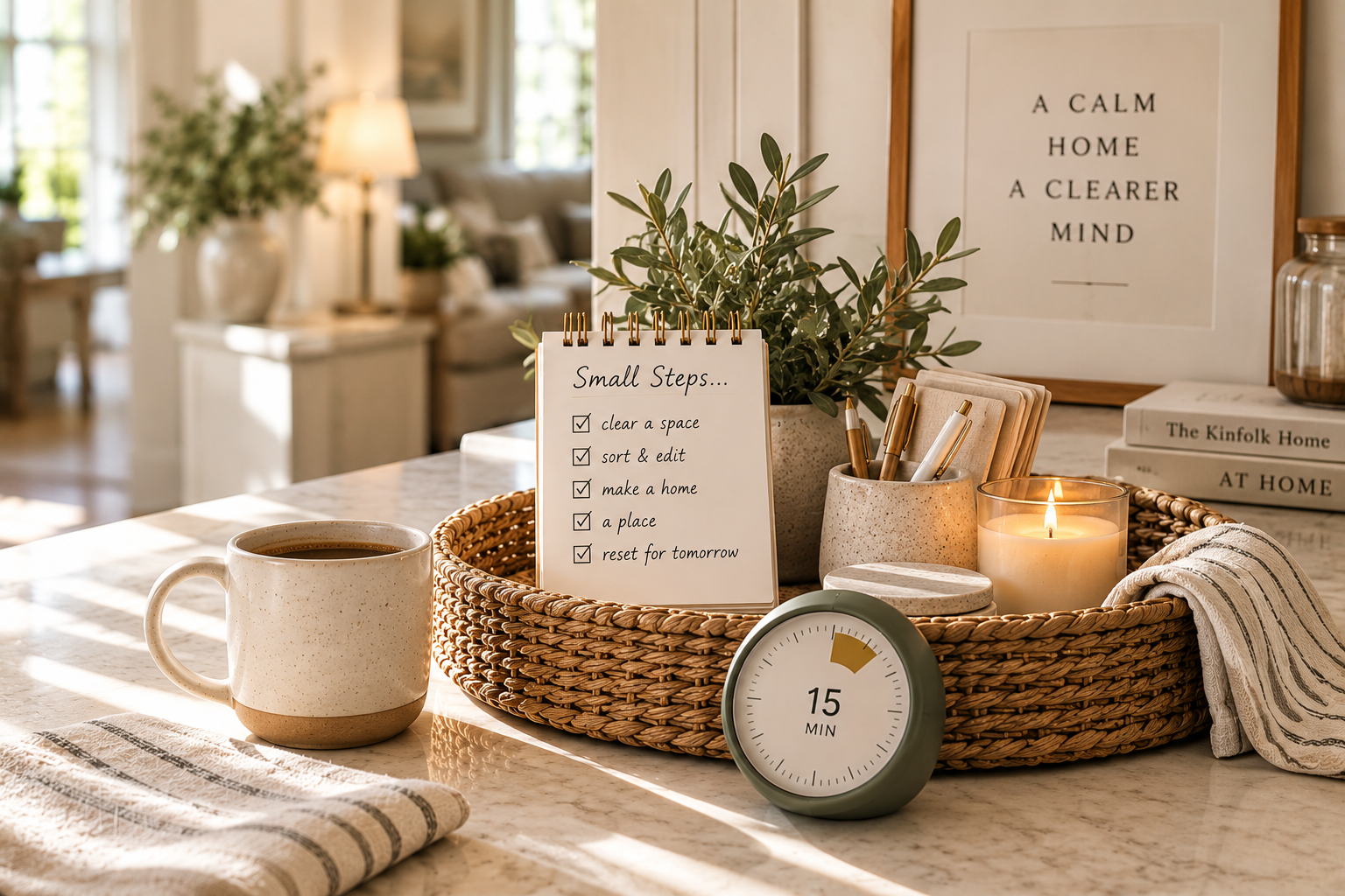 15-minute decluttering setup with a timer, small steps checklist and organizing basket in a calm, organized home