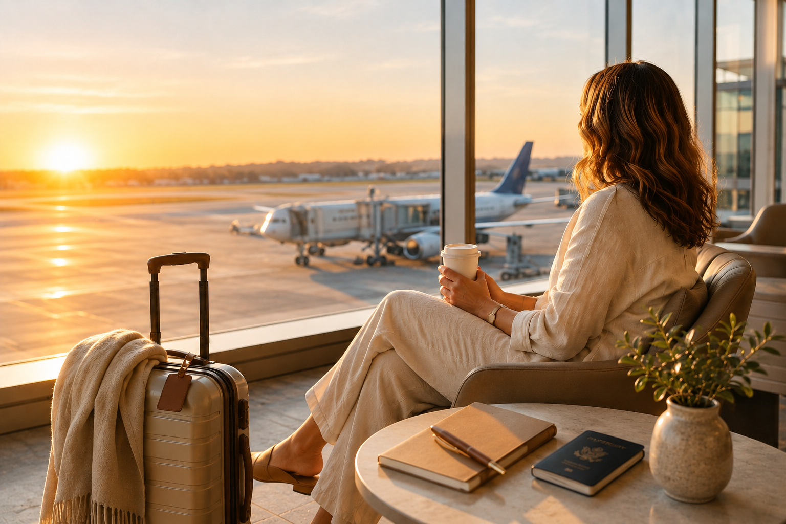 Woman with a carry-on suitcase waiting at an airport with coffee, passport and travel journal