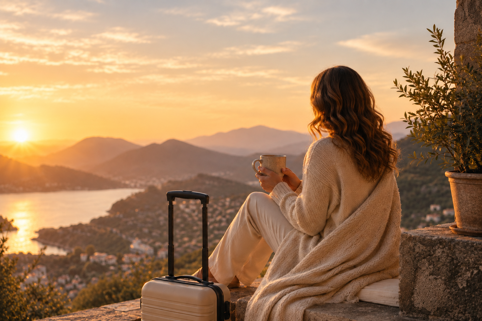 Woman with a suitcase enjoying coffee and a mountain and coastal sunset view while traveling