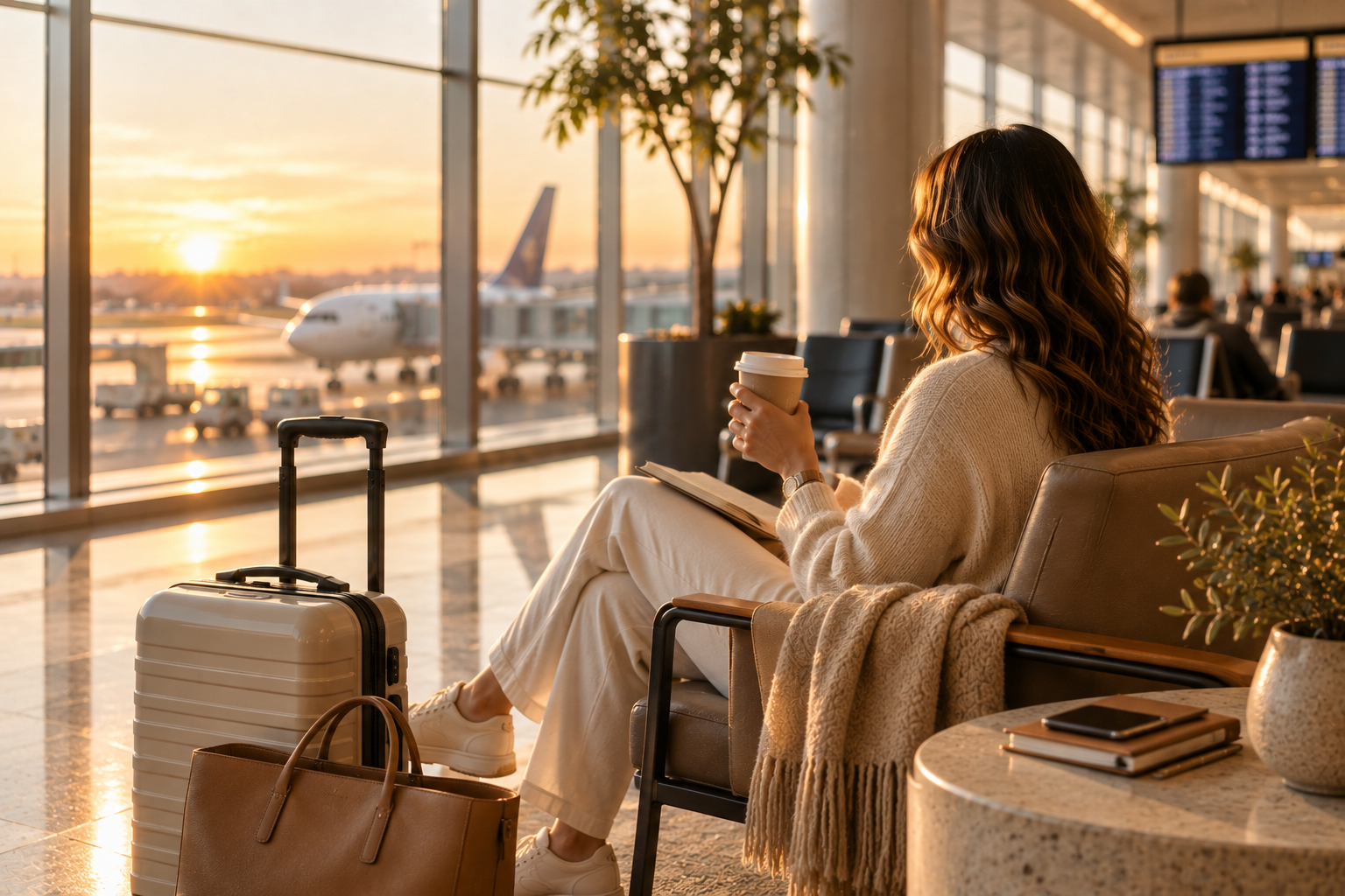Woman relaxing at an airport with a carry-on suitcase, travel blanket, coffee and tote bag while waiting for a flight