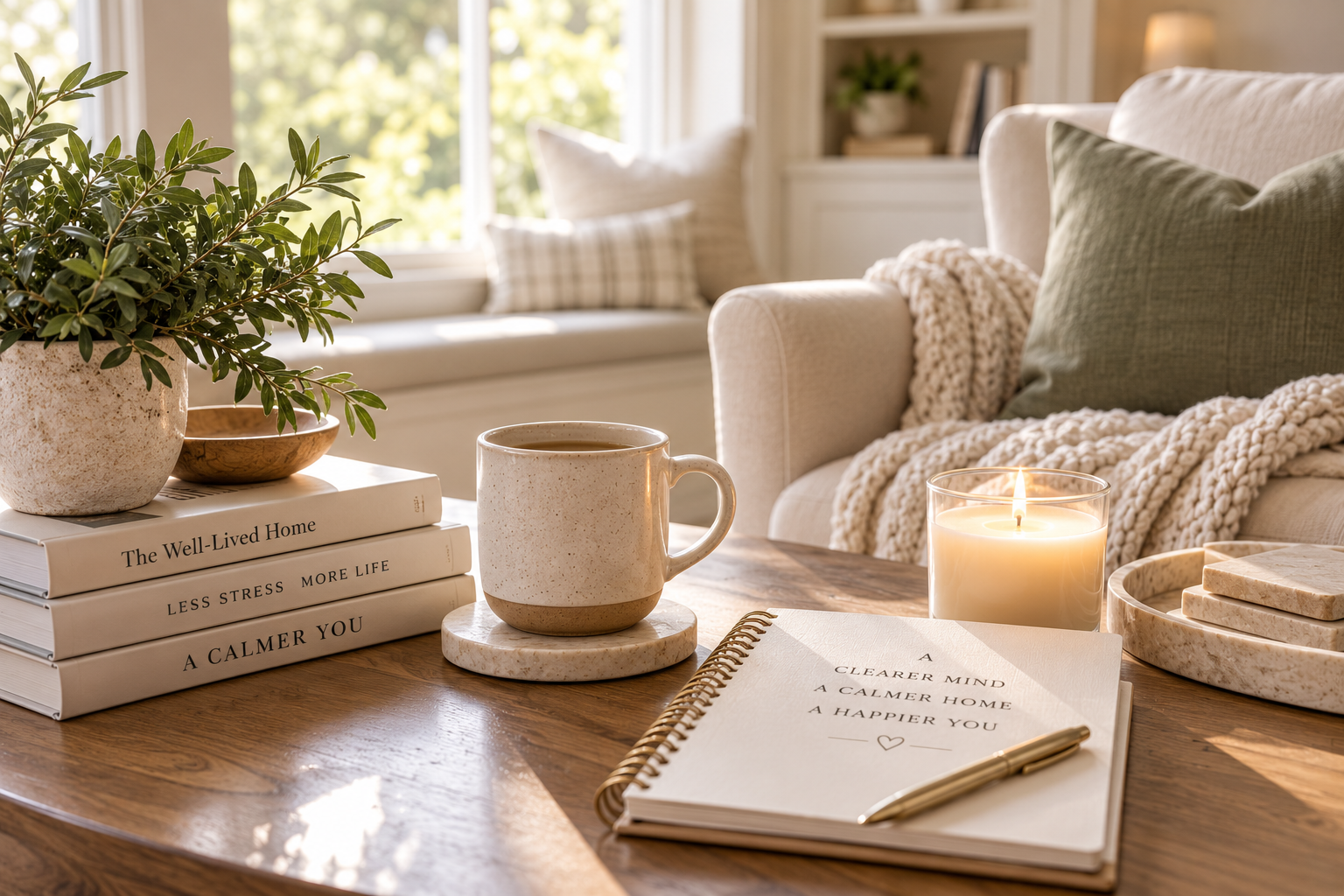Calm living room with journal, coffee and candle creating a peaceful space to declutter your mind and clear mental clutter