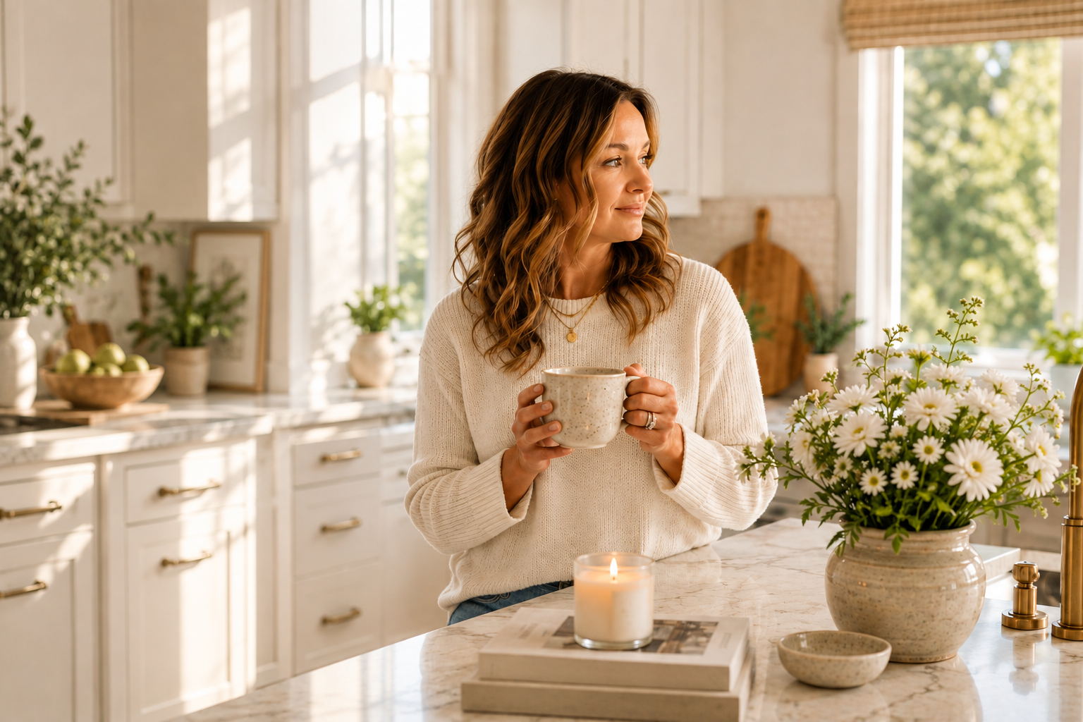 Woman enjoying coffee in a warm, sunlit kitchen with fresh flowers and simple decor for a calm and beautiful home