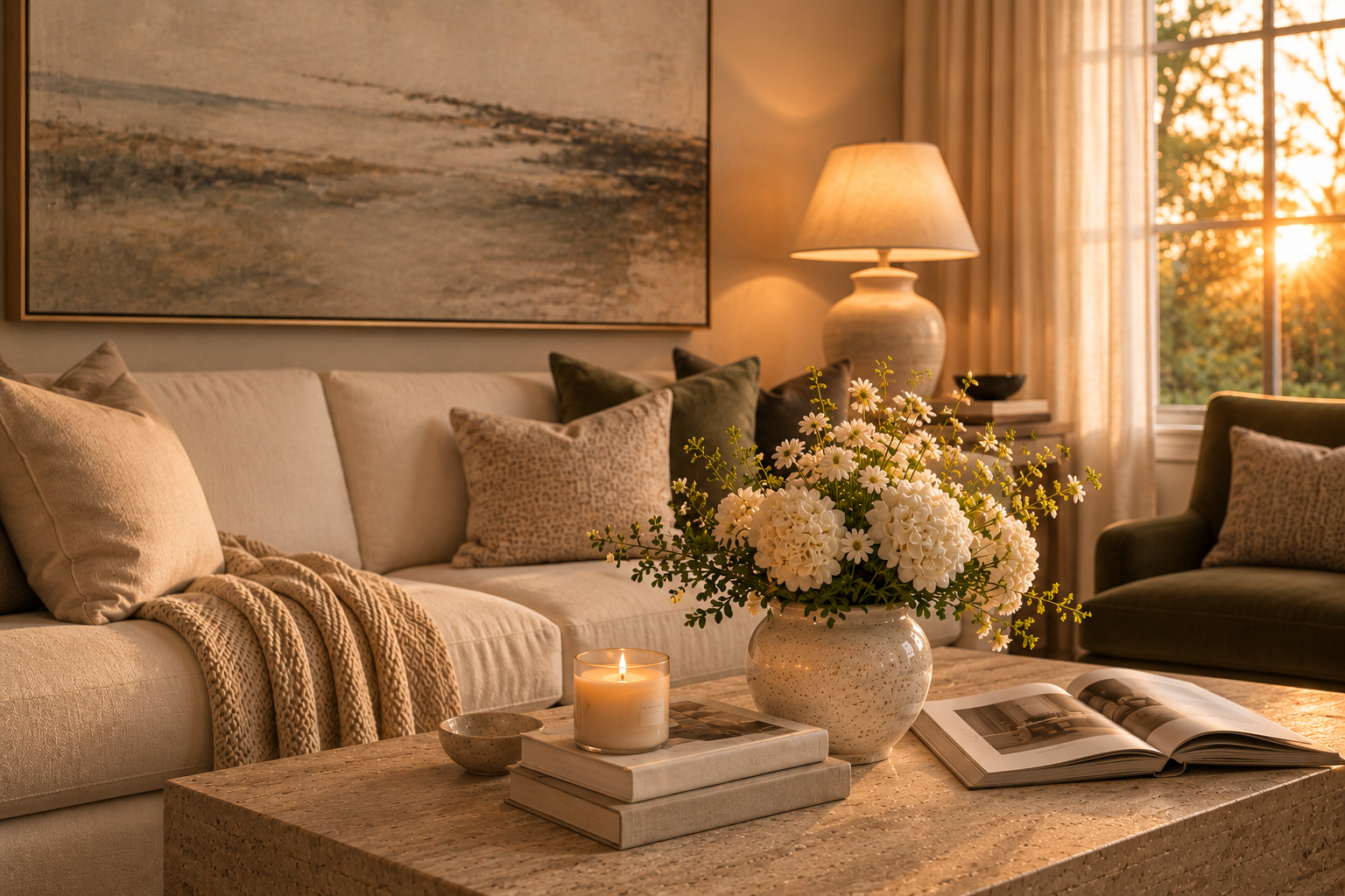 Elegant neutral living room with layered pillows, warm lighting, flowers and styled coffee table for a luxurious look on a budget