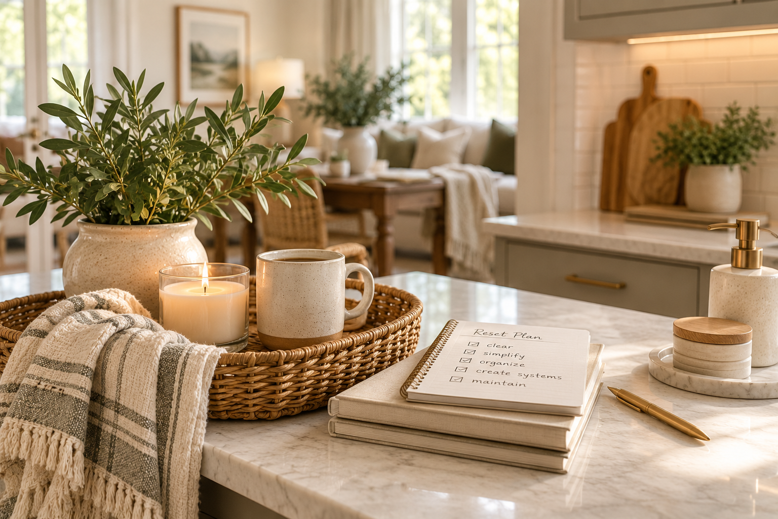 Calm, organized kitchen with a home reset checklist, woven basket, candle and coffee for a simple home reset routine
