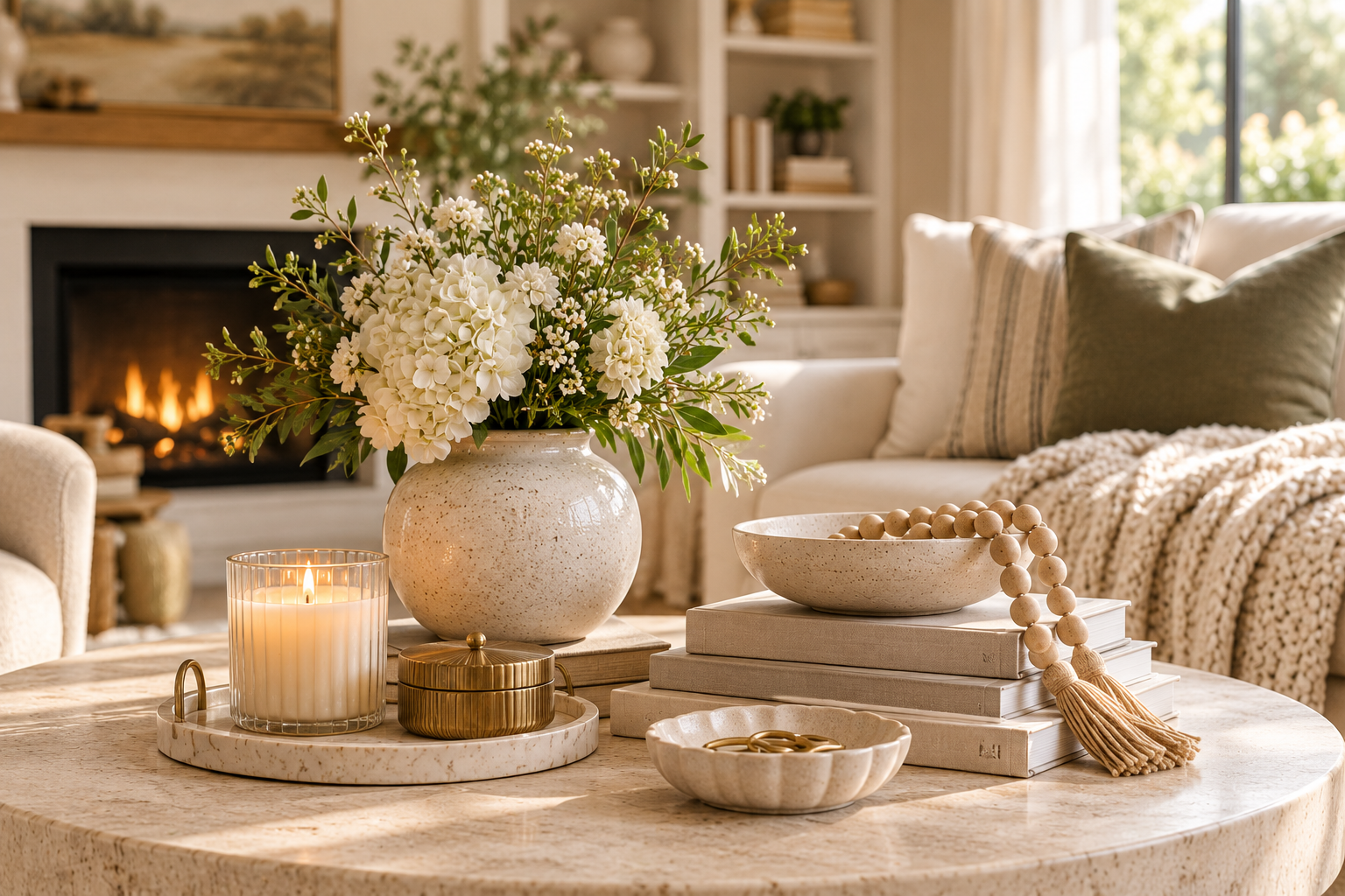Styled round coffee table with white flowers, stacked books, candle and decorative accents in a warm neutral living room