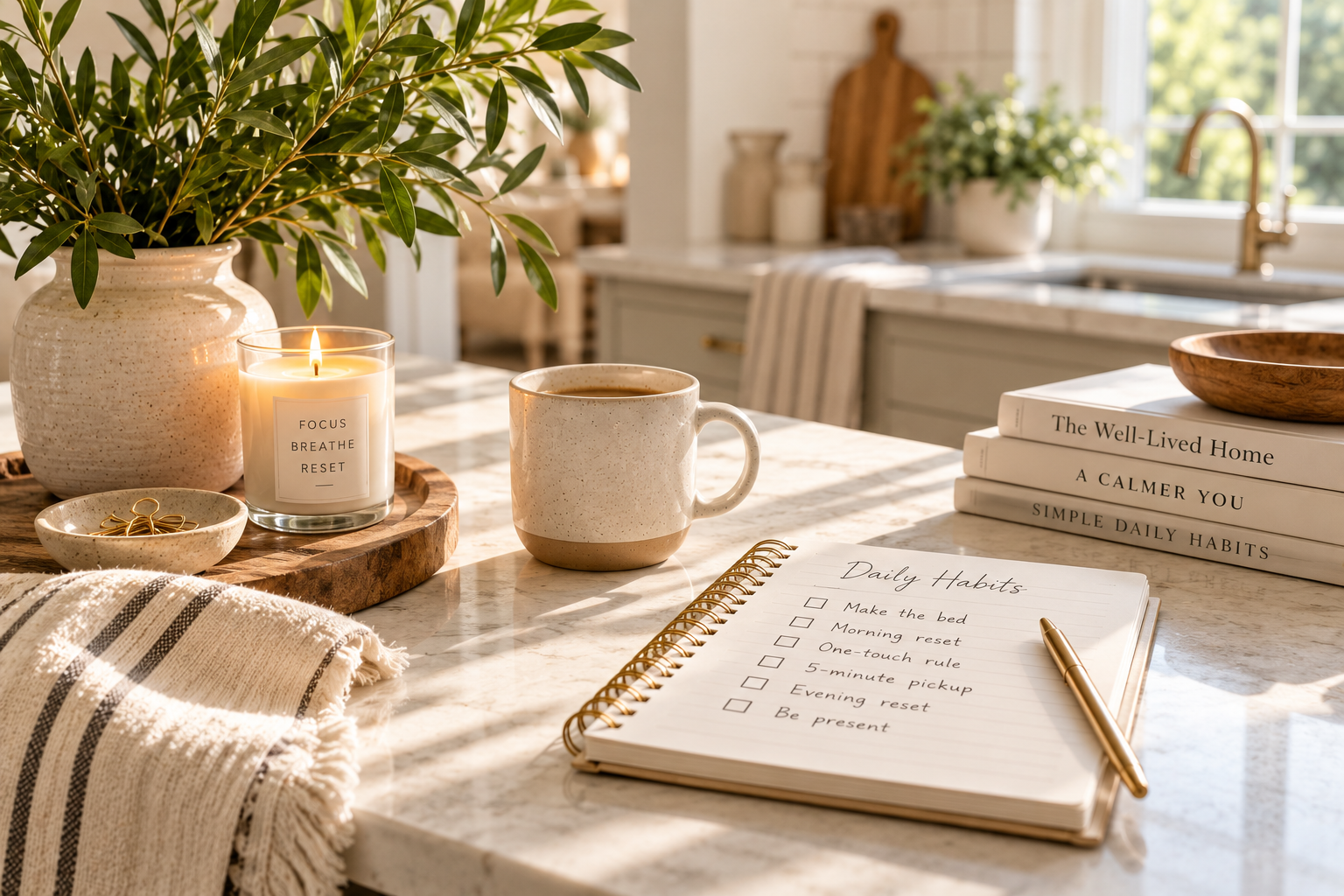 Sunlit kitchen with a daily habits checklist, coffee and candle for simple routines that keep your home organized