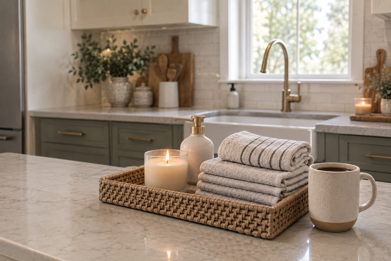 Warm, organized kitchen with folded towels, cleaning essentials and coffee for simple daily home cleaning habits