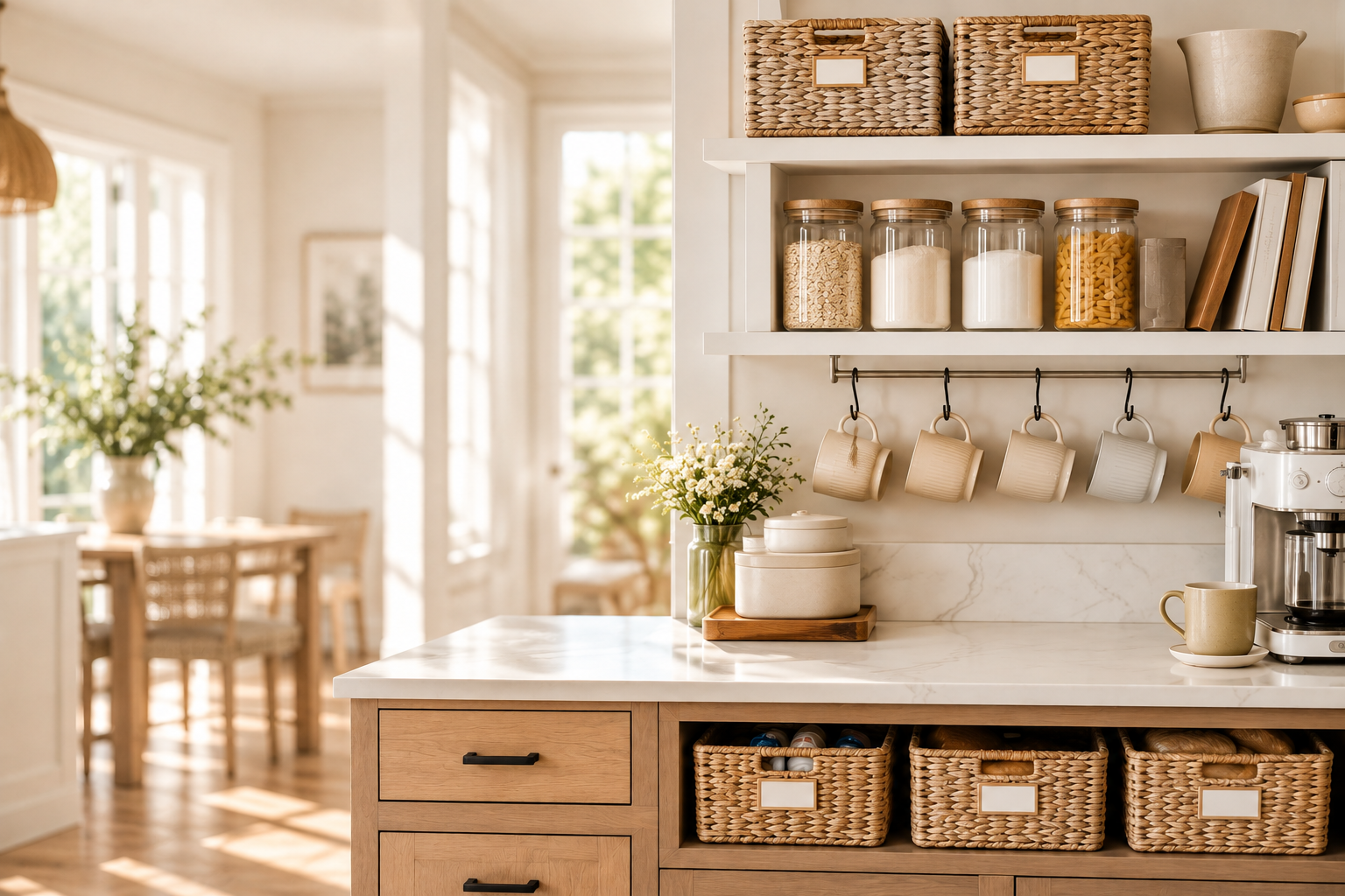 Organized kitchen with woven storage baskets, clear pantry jars, hanging mugs and open shelving for simple home organization