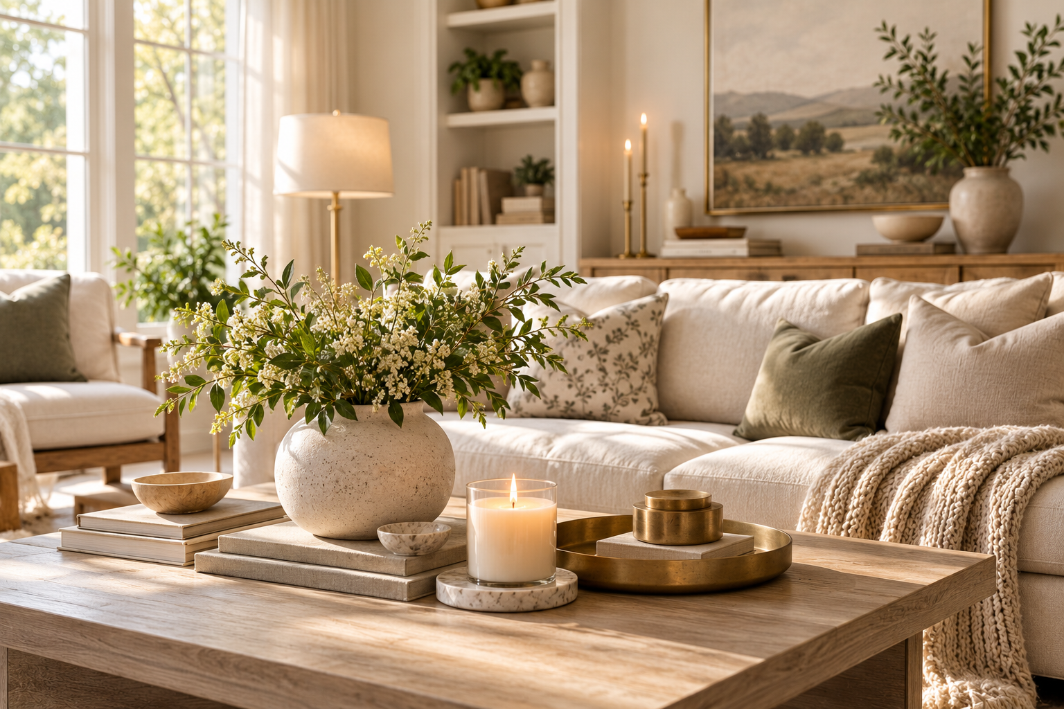 Warm neutral living room with layered textiles, styled coffee table, greenery and brass accents for a high-end look