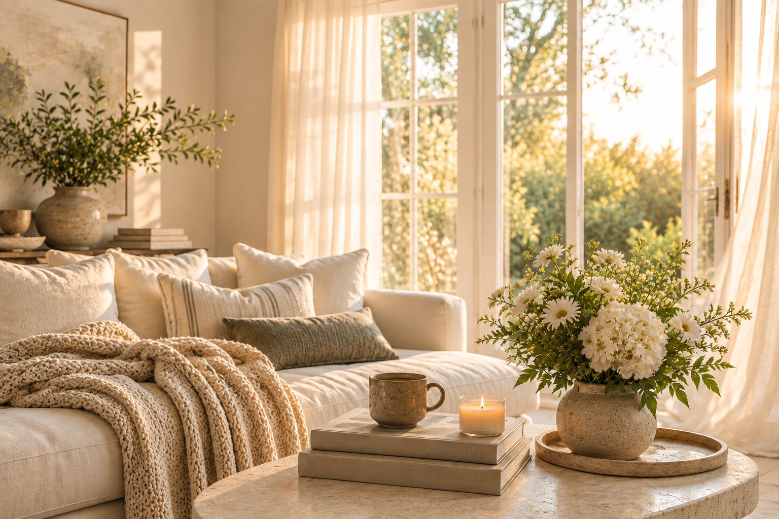 Peaceful sunlit living room with cozy blankets, coffee, candle and fresh flowers creating a calm place to slow down at home