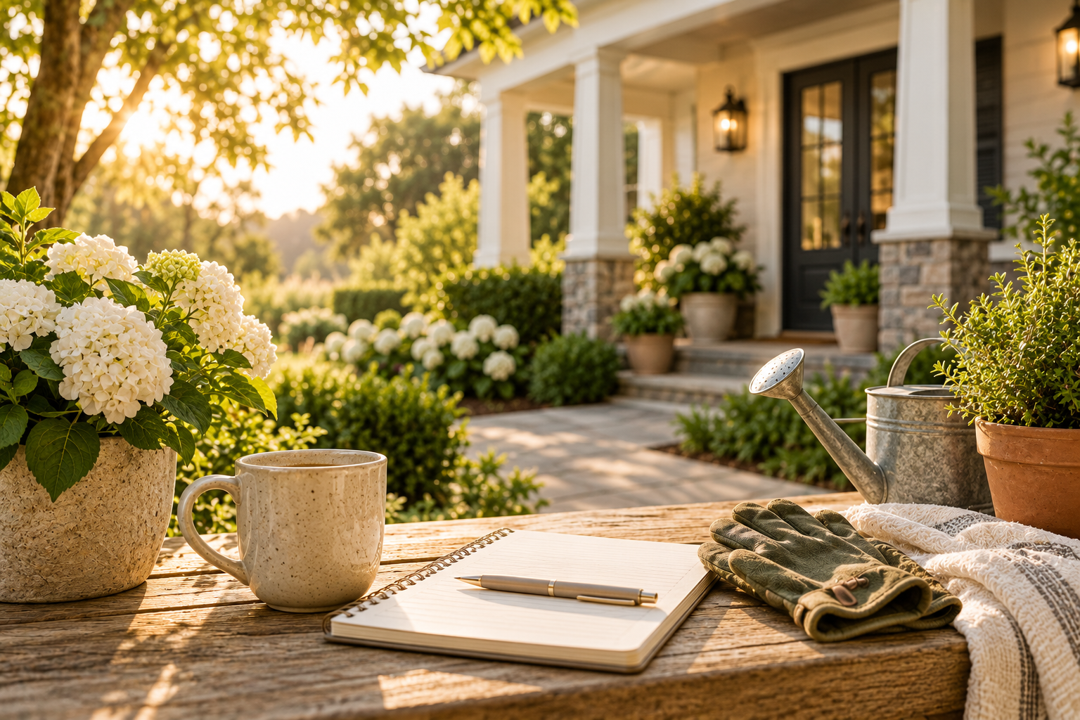 Home maintenance planning scene with notebook, gardening gloves and watering can outside a well-maintained home