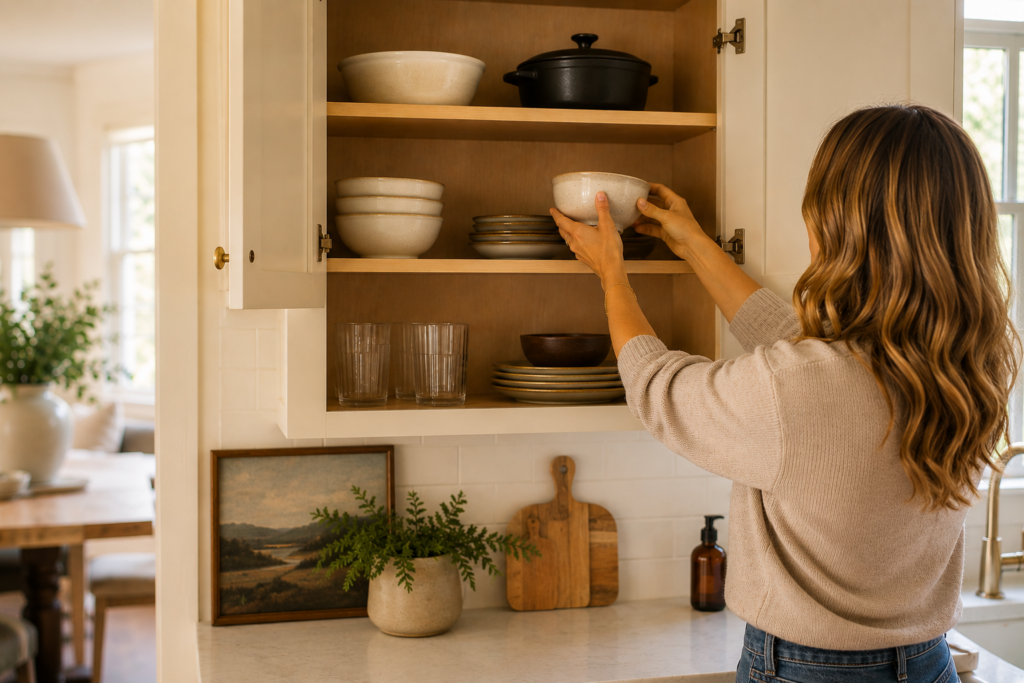 Woman putting a bowl into an organized kitchen cabinet with easy-to-access storage
