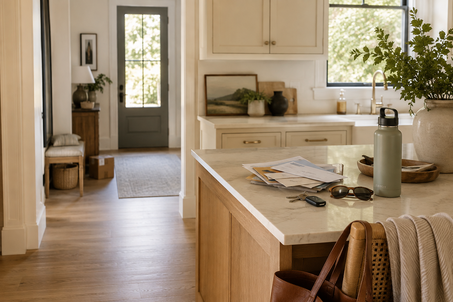 Kitchen island cluttered with mail, keys, sunglasses and everyday items that can make a home feel messy