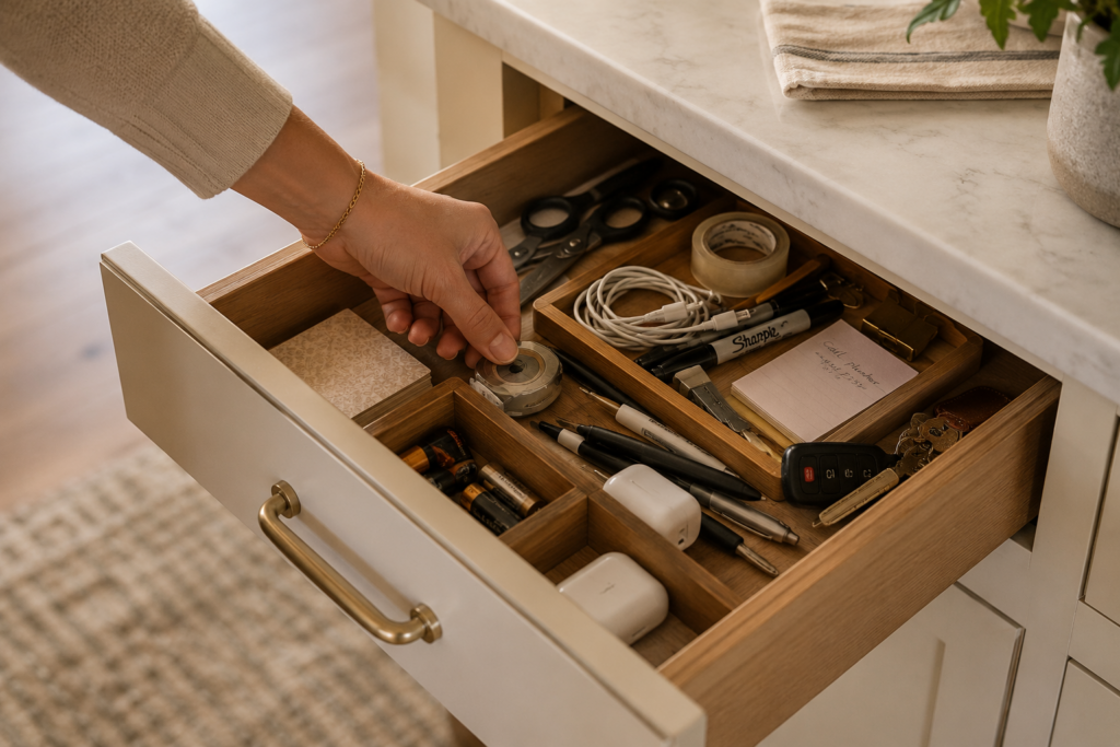 Open everyday drawer filled with household essentials illustrating hidden clutter
