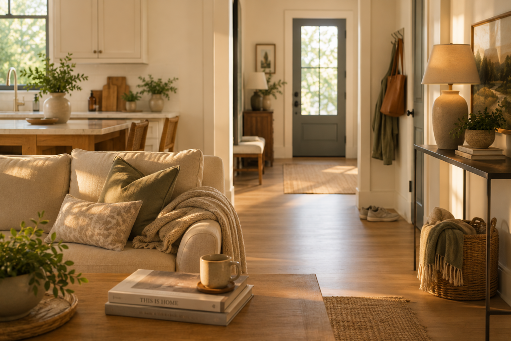 Warm lived-in home with simple organization systems and clear everyday spaces
