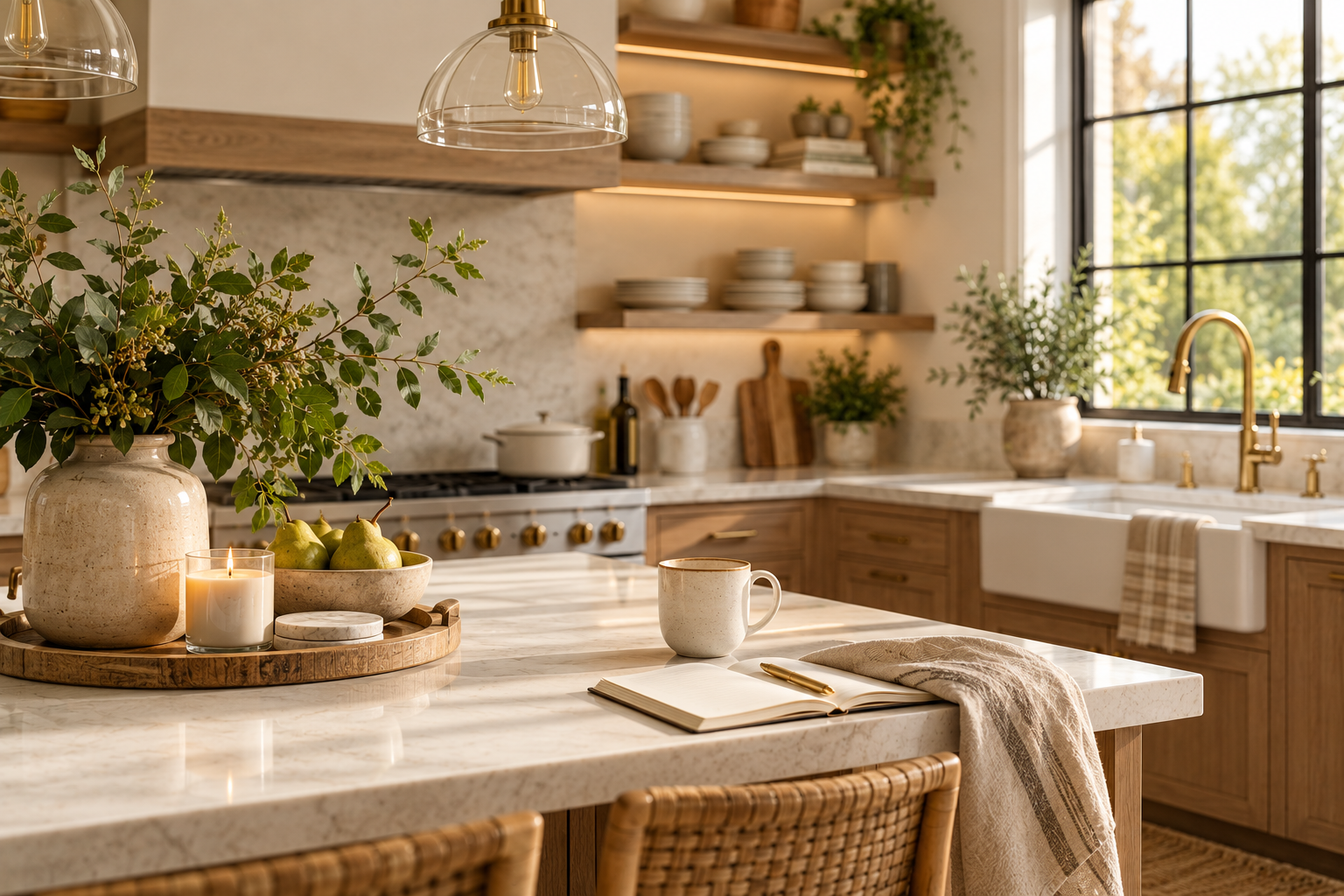 Warm organized kitchen with open shelving, clear countertops, farmhouse sink and styled kitchen island