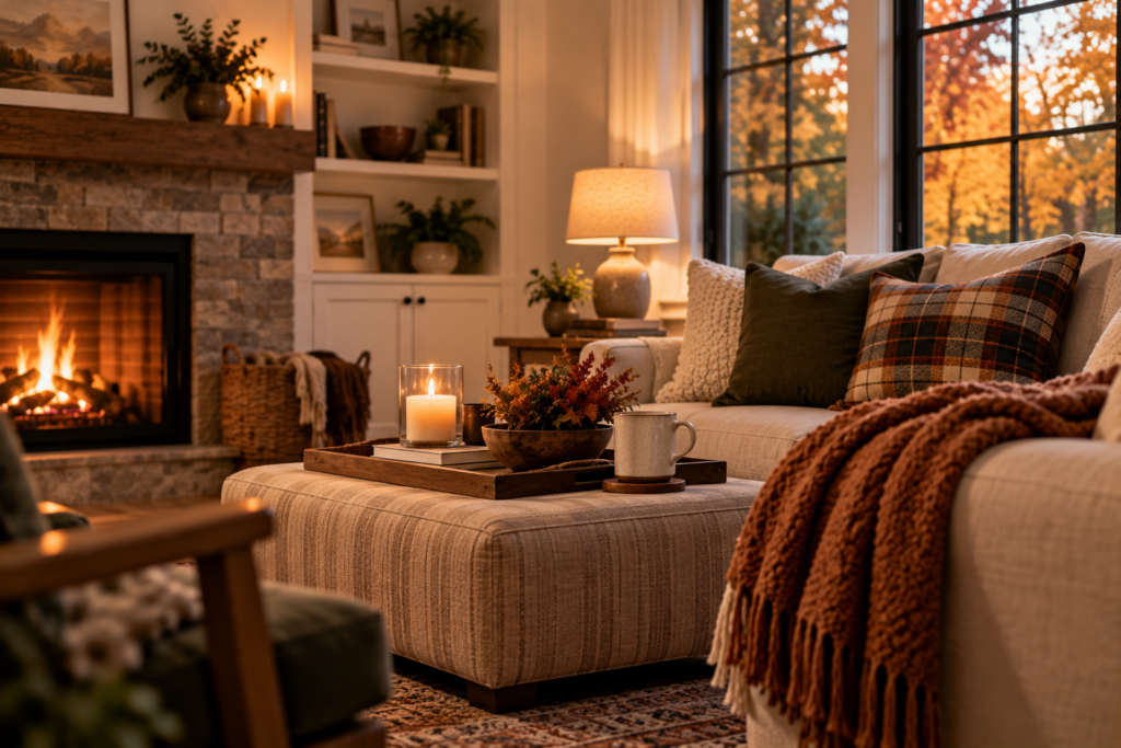 Cozy living room in fall showing a home prepared for the colder season