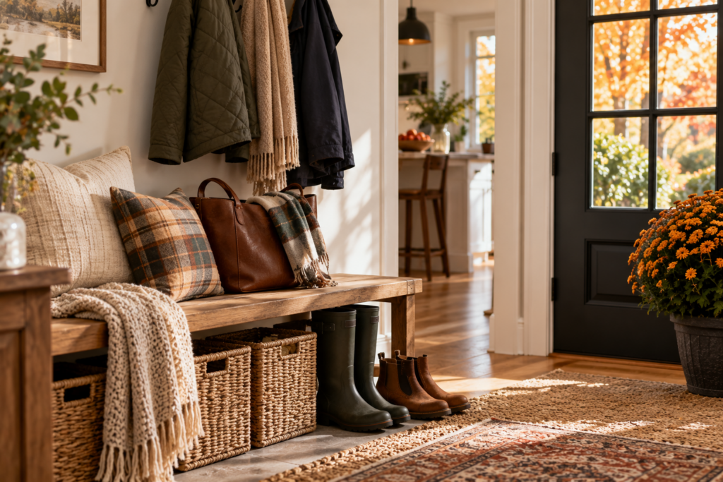 Organized fall entryway with jackets, boots and seasonal household essentials