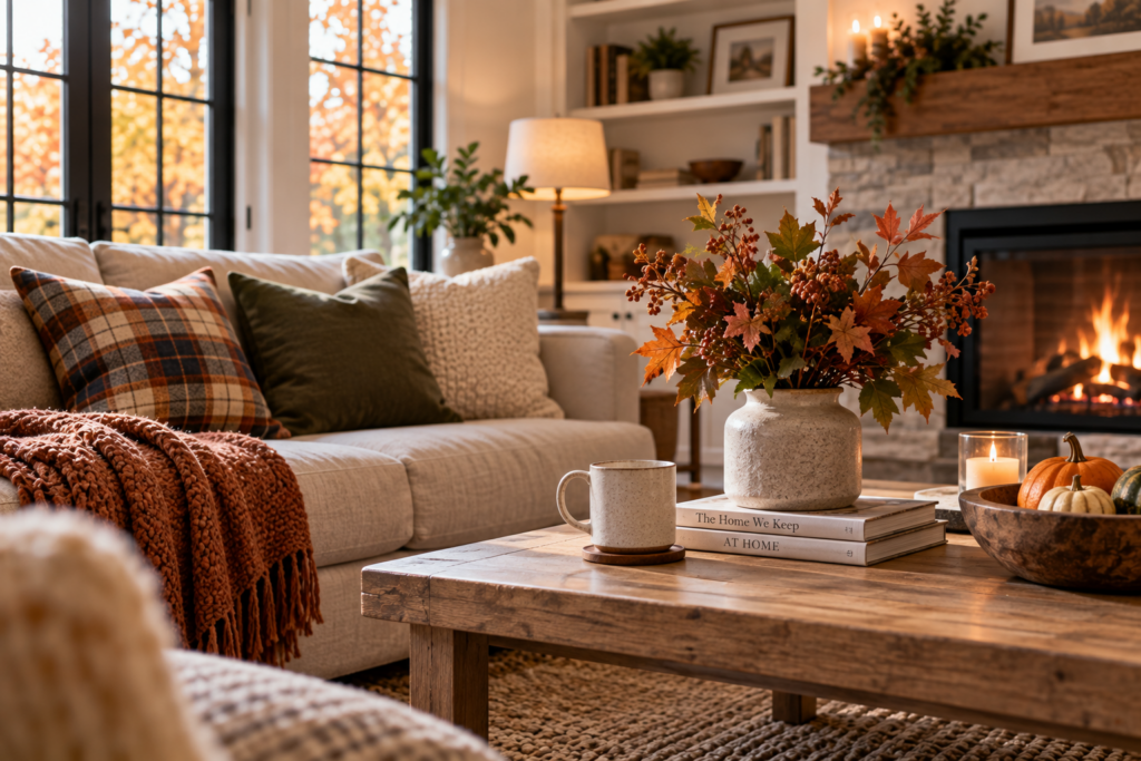 Warm living room prepared for fall with cozy textiles and seasonal details