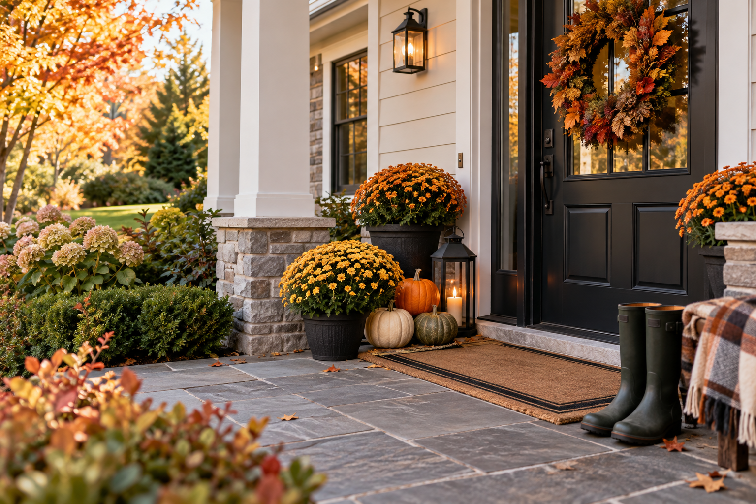 Fall home entrance prepared for cooler weather with seasonal outdoor touches