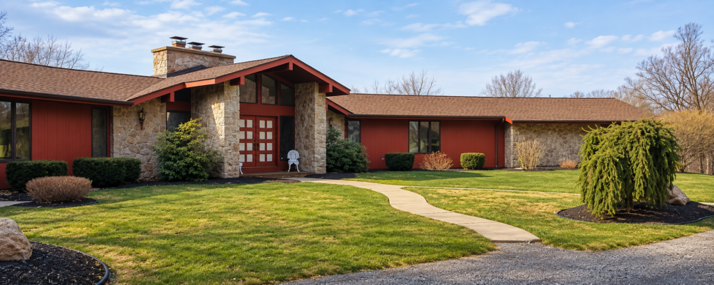 Front exterior of our 1980s ranch-style home with stone walls, red siding and a long, low roofline before renovation.
