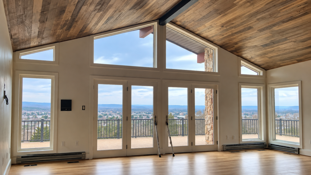 Great room during the first renovations of our 1980s home with refinished hardwood floors, new white trim, a wood-plank vaulted ceiling and large windows overlooking the valley.