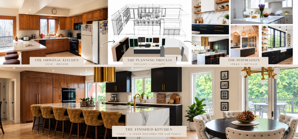 Collage showing our 1980s kitchen before renovation, kitchen design plans, inspiration images, and the finished kitchen with wood and black cabinetry and a large waterfall island.