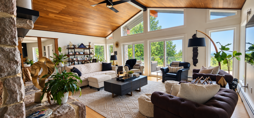 Finished great room in our renovated 1980s home with a warm wood vaulted ceiling, original stone fireplace, layered seating, large windows and views of the surrounding trees.