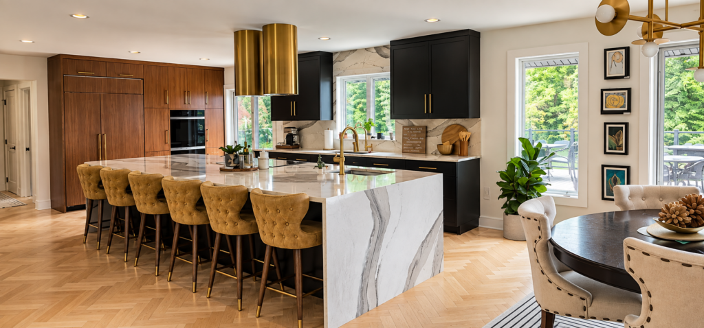 Finished kitchen in our renovated 1980s home with warm wood and black cabinetry, brass accents, a large waterfall island, herringbone wood floors and adjoining dining area.